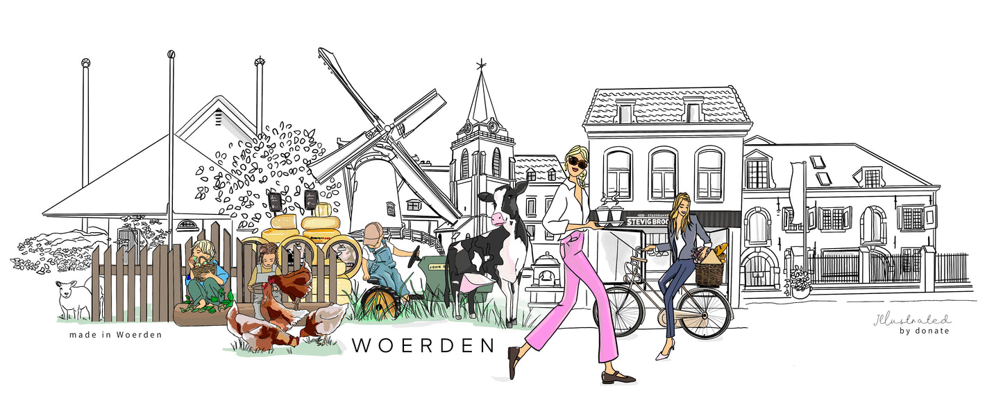 Panorama Woerden winkels geillustreerd in kleur/zwart/wit (21 cm x 9,8 cm)