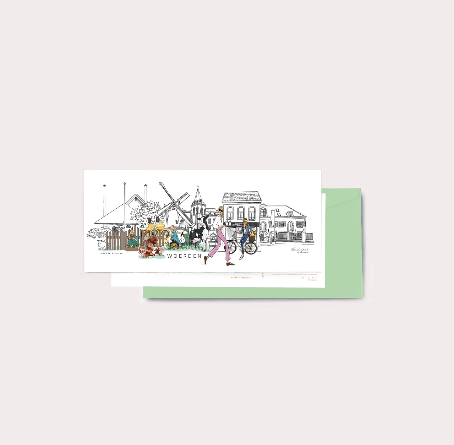 Panorama Woerden winkels geillustreerd in kleur/zwart/wit (21 cm x 9,8 cm)