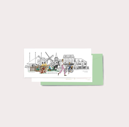Panorama Woerden winkels geillustreerd in kleur/zwart/wit (21 cm x 9,8 cm)
