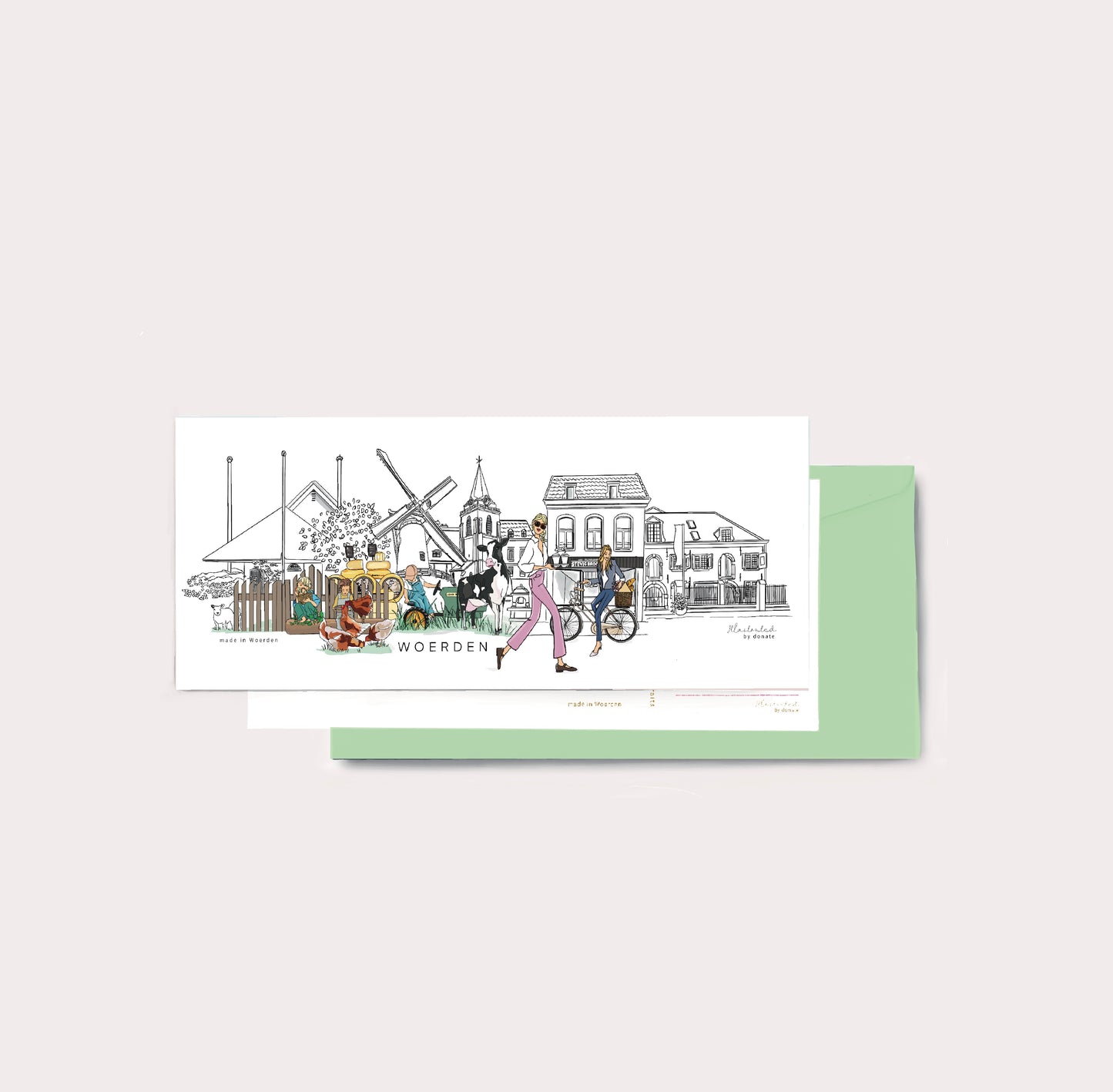 Panorama Woerden winkels geillustreerd in kleur/zwart/wit (21 cm x 9,8 cm)